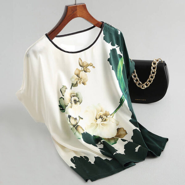 Fashion Floral Print Shirt Silk Satin Plus Size Bat Sleeve Retro Casual Short-sleeved Top